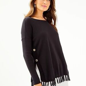 Lilly Pulitzer Black Ramona Fringe Sweater XL Side Button Pullover Top